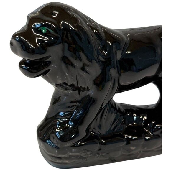 Vtg MCM Black Ceramic Stalking Lion Cat Figurine Green Eyes 9” Gloss Art Rare - Picture 4 of 16